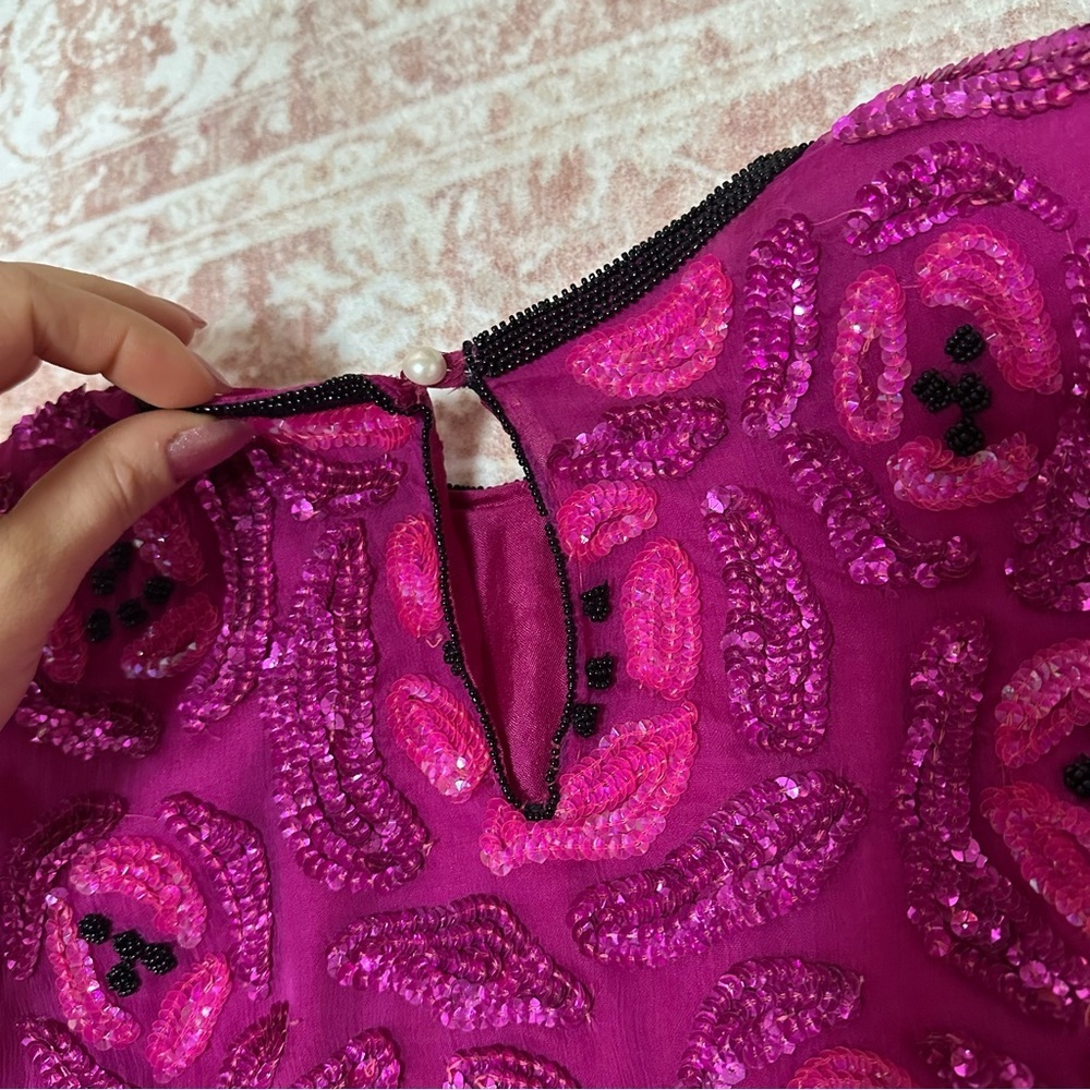 Vintage 100% Silk Beaded Camellia Sequins Pink Top - Picture 9 of 16